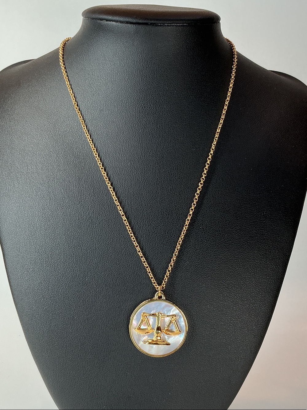Gold Libra Scales Pendant Necklace with Mother-of-Pearl Disc